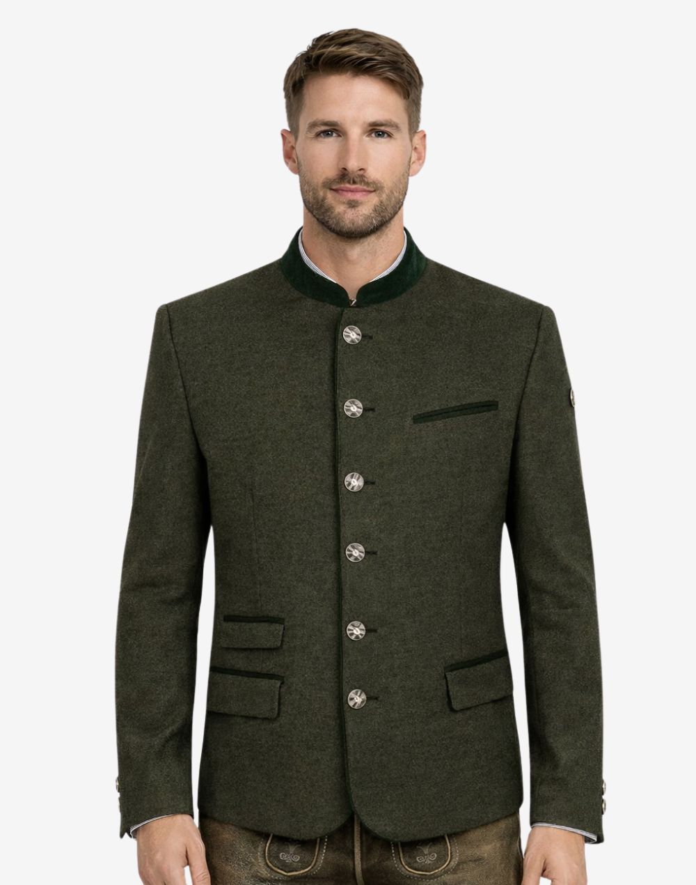 Model wearing stylish green wool Trachten jacket front view featuring traditional buttons and classic Oktoberfest outfit style.