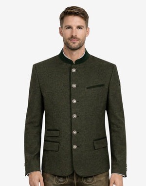 Model wearing stylish green wool Trachten jacket front view featuring traditional buttons and classic Oktoberfest outfit style.