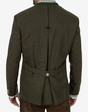 Back view of mens green wool Trachten jacket showing tailored seams, structured shoulders and traditional Bavarian fit.