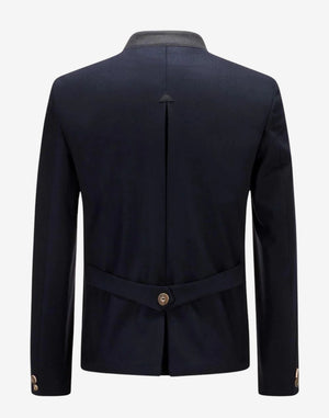 Back view of mens heritage blue Oktoberfest jacket showing adjustable back strap and traditional alpine design.