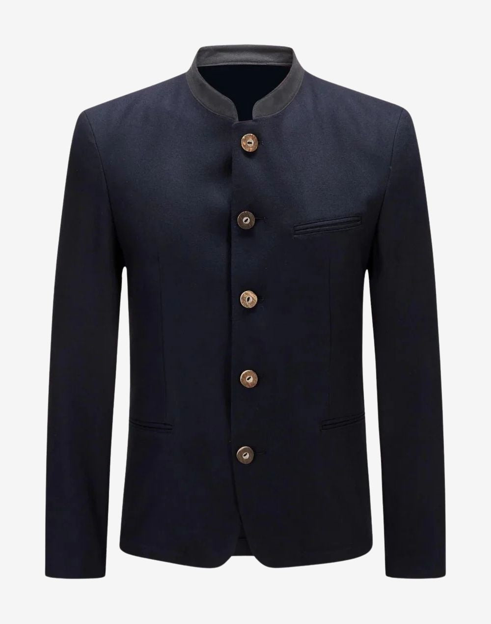 Front view of mens heritage blue Oktoberfest jacket featuring stand collar, traditional wooden buttons and classic Bavarian tailoring.