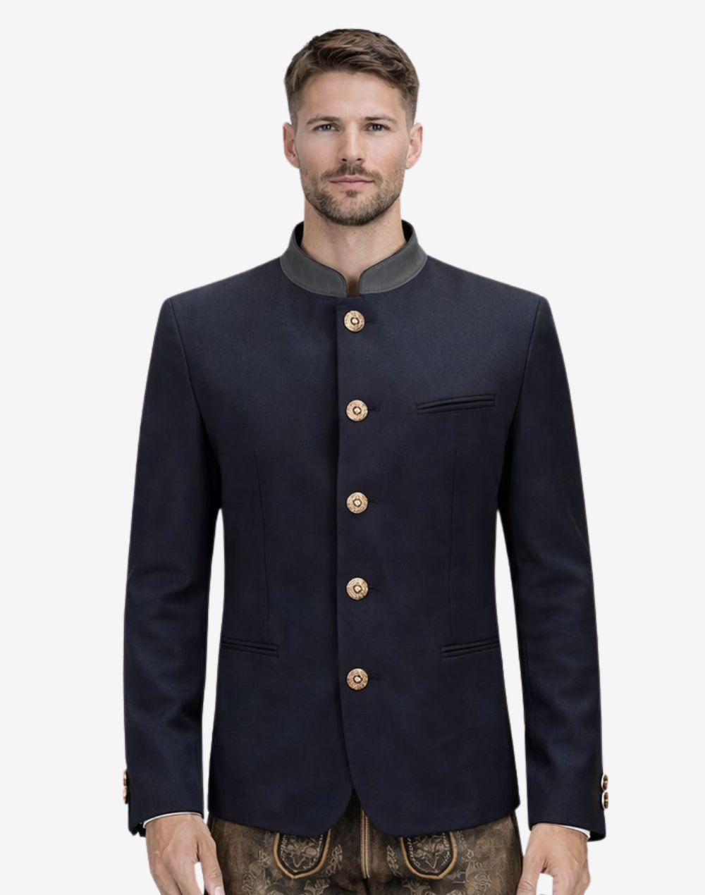 Model wearing heritage blue Oktoberfest jacket for men highlighting Bavarian style, stand collar and traditional German festival outfit.