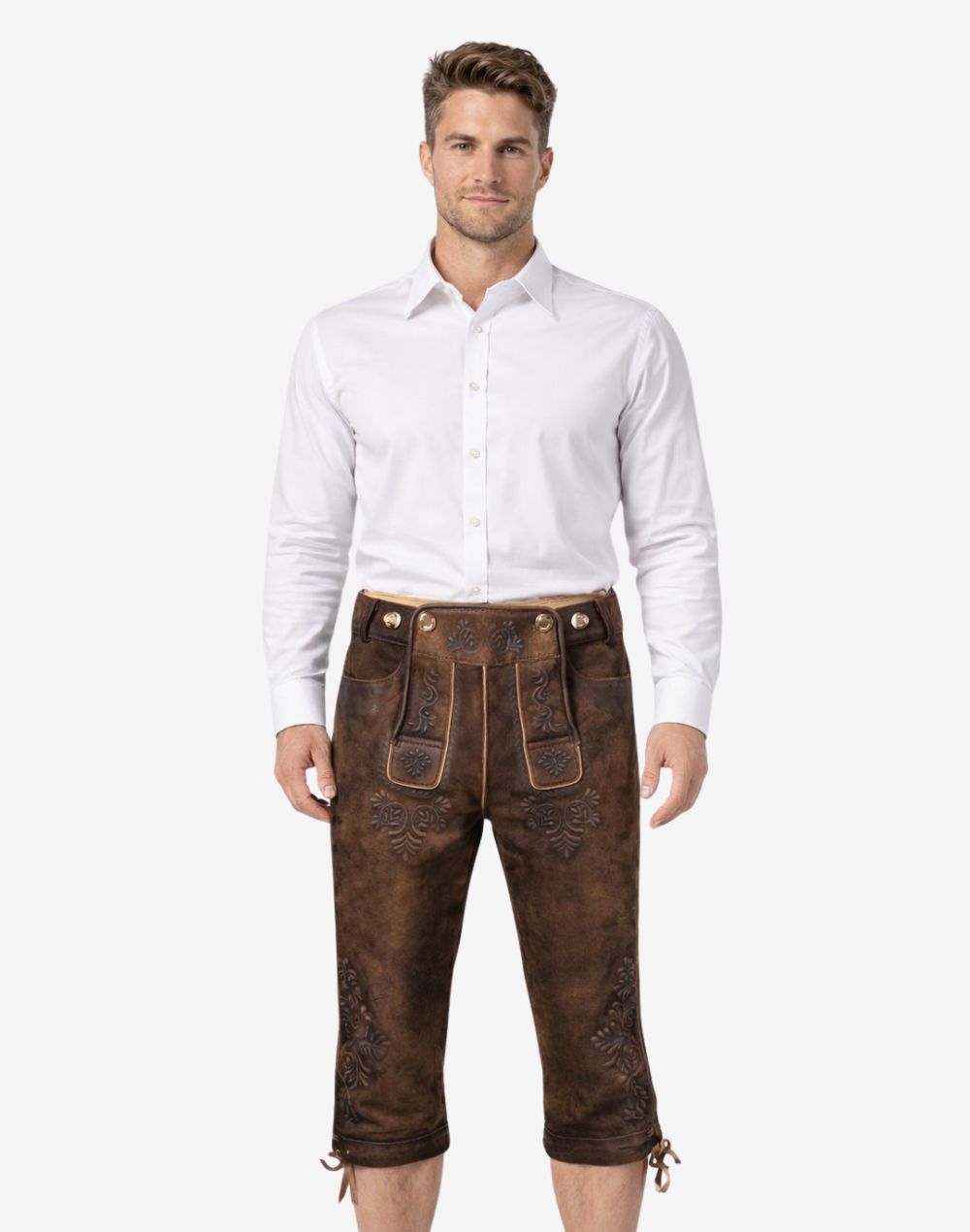 Front view of model wearing mens heritage style Bundhosen in brown leather with traditional Bavarian embroidery and knee tie details