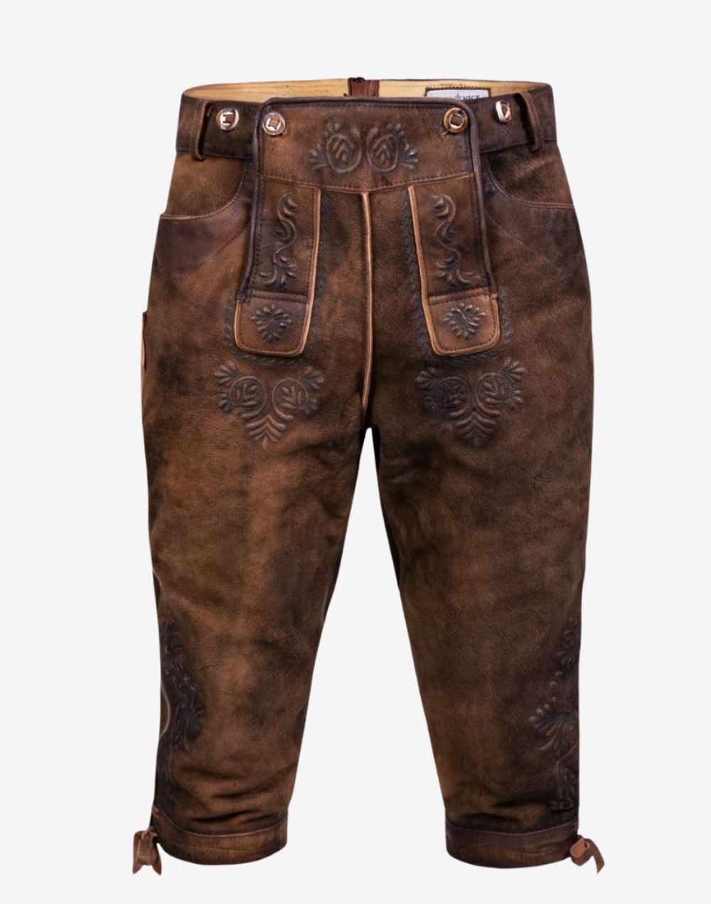 mens heritage style bundhosen featuring brown leather finish, embossed embroidery and traditional Bavarian knee-length design