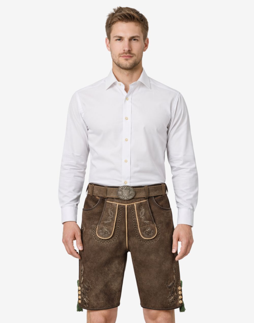 Model wearing mens heritage style lederhosen in brown leather with traditional Bavarian embroidery and decorative belt