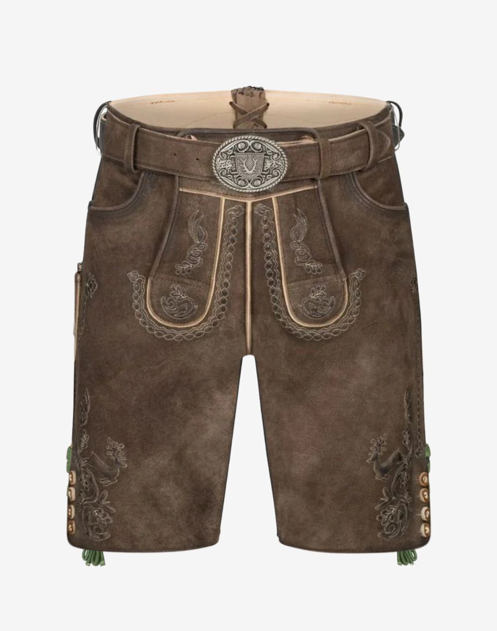 Mens Heritage Style Lederhosen brown suede shorts with belt buckle, embroidered bib front and side buttons
