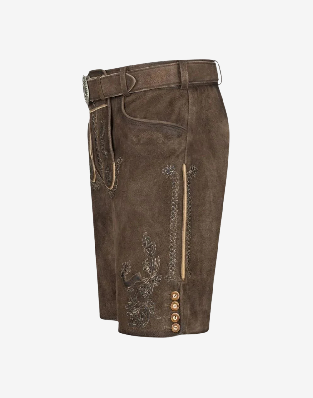 Side profile of brown suede Oktoberfest shorts, Mens Heritage Style Lederhosen with belt loops and leg buttons