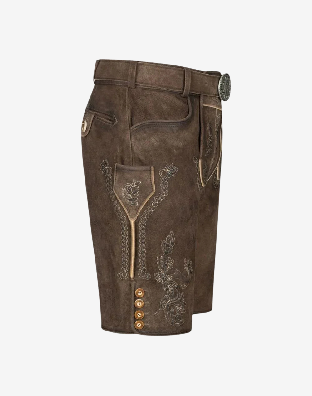Mens Heritage Style Lederhosen side view showing suede texture, side pocket, embroidery and knee button panel