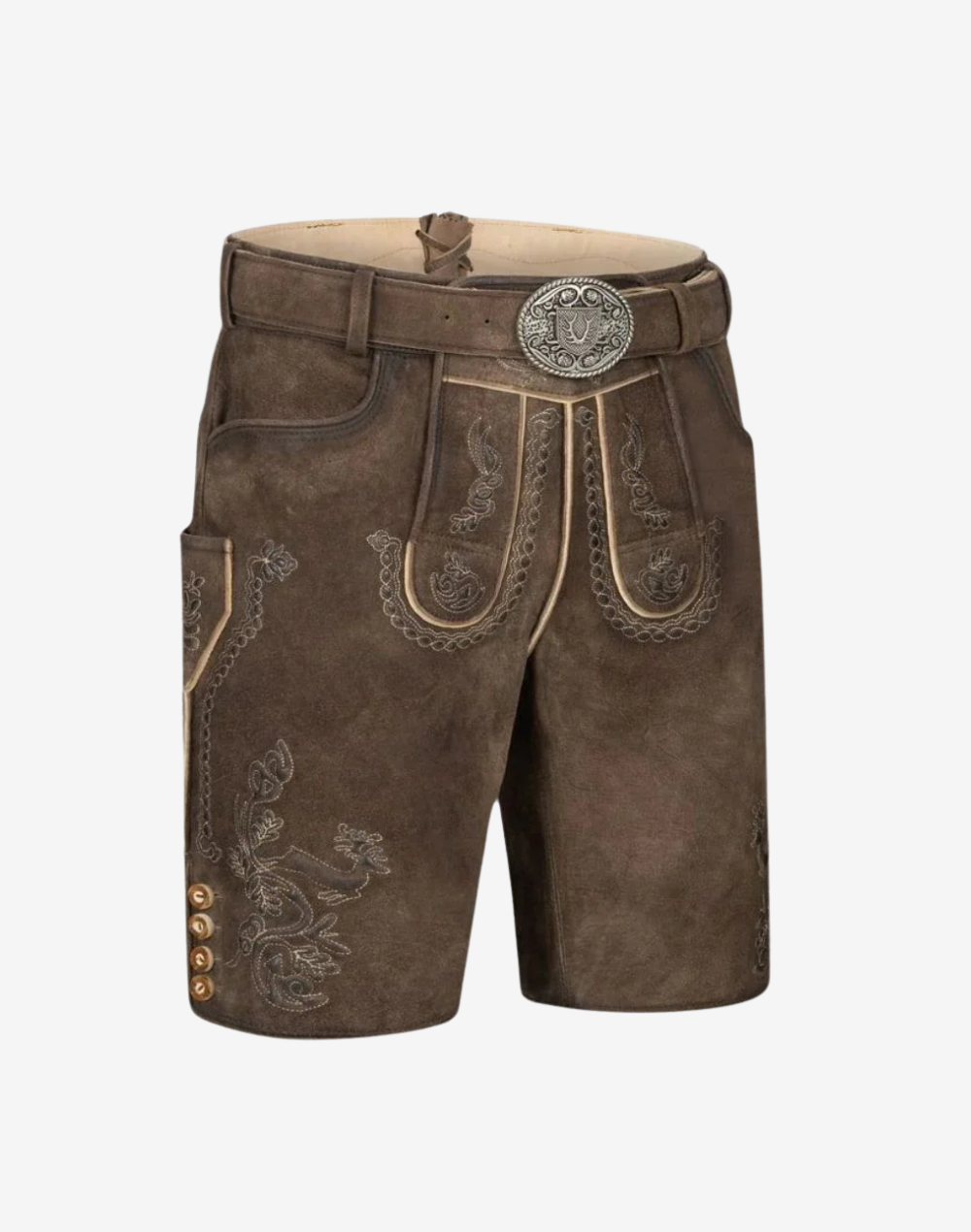 Mens Heritage Style Lederhosen angled front view with ornate buckle, bib stitching and embroidered thigh detail
