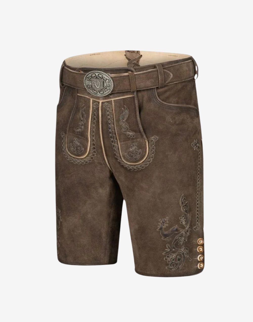 3/4 view of Mens Heritage Style Lederhosen showing buckle belt, front flap embroidery and buttoned cuffs