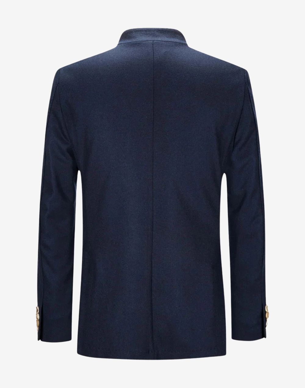 Back view of navy blue heritage wool Bavarian jacket for men showing clean structured seams and traditional alpine design.