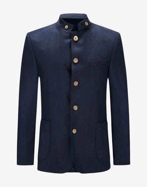 Front view of mens heritage wool Bavarian jacket in navy blue featuring stand collar, wooden style buttons and classic alpine tailoring.