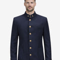 Model wearing navy heritage wool Bavarian jacket front view highlighting Oktoberfest style, stand collar and traditional German design.