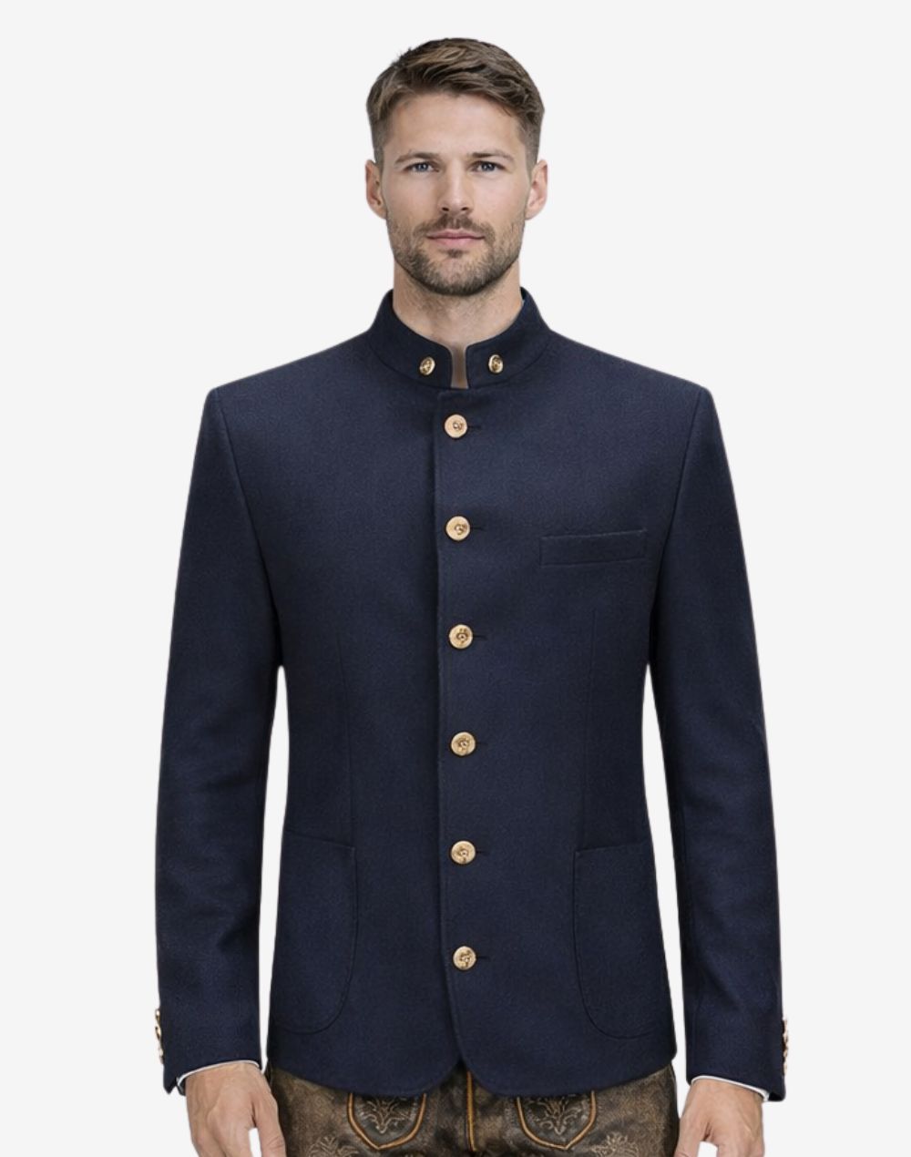 Model wearing navy heritage wool Bavarian jacket front view highlighting Oktoberfest style, stand collar and traditional German design.