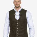 Full front view of model wearing mens heritage wool Trachten vest paired with lederhosen showcasing Oktoberfest ready traditional outfit.