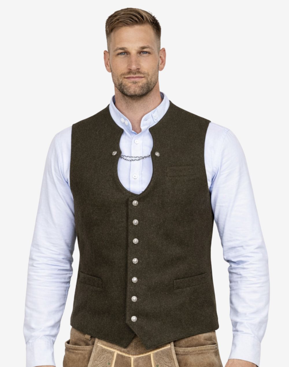 Full front view of model wearing mens heritage wool Trachten vest paired with lederhosen showcasing Oktoberfest ready traditional outfit.