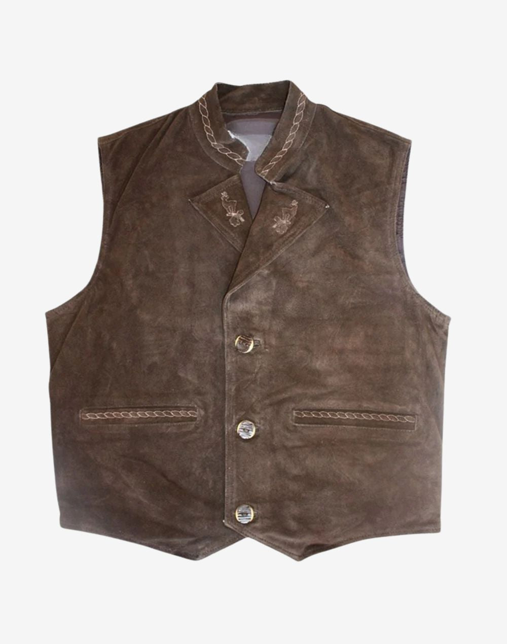 Front view of mens leather Bavarian vest with lapel featuring traditional Trachten design, structured fit, button closure, and premium leather finish for classic Alpine style.
