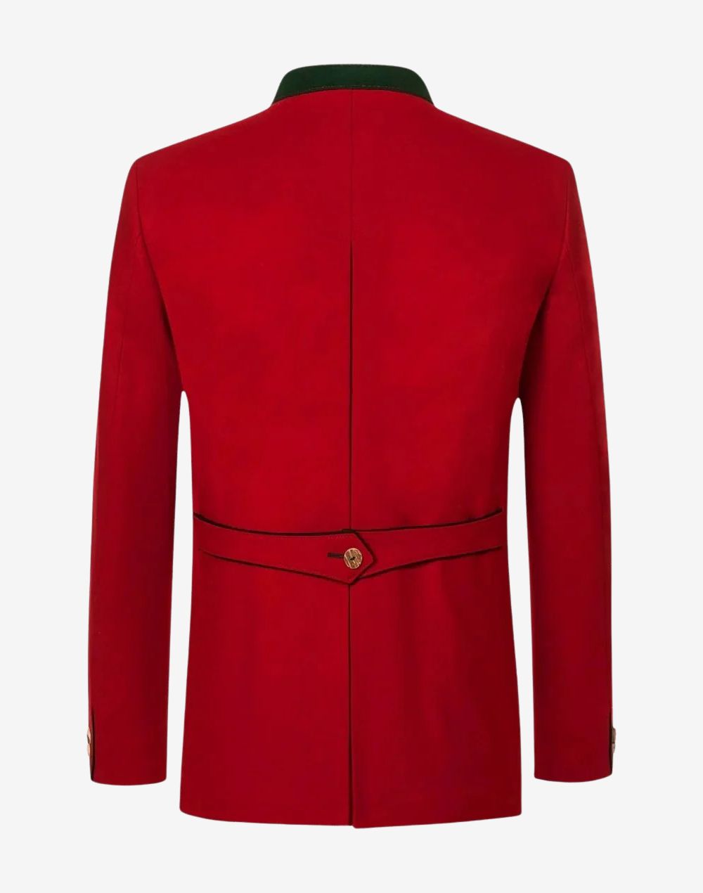 Back view of mens luxury red German jacket showing structured seams, tailored fit and traditional Bavarian Trachten style.