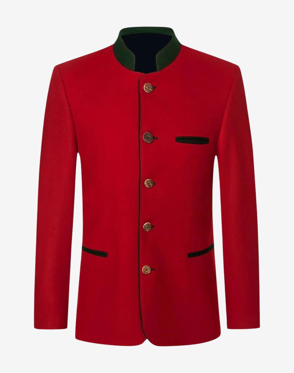 Front product view of mens luxury red German jacket featuring stand collar, traditional buttons and classic Bavarian tailoring.