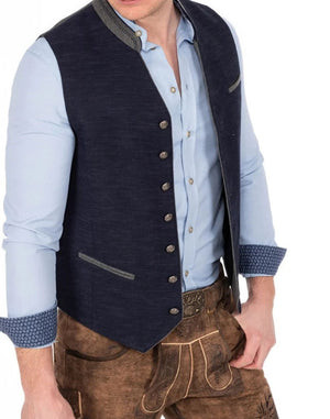 Angled front view of mens luxury Bavarian vest paired with lederhosen showing premium buttons, classic cut and festive styling