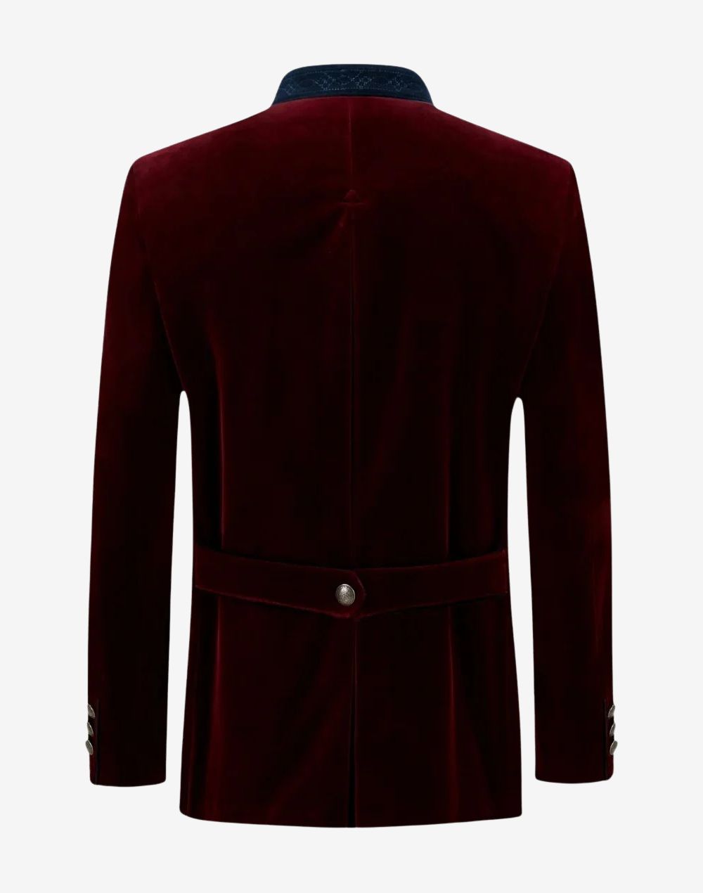 Back view of maroon velvet Trachten jacket for men showing fitted waist strap, structured seams and traditional Bavarian design.