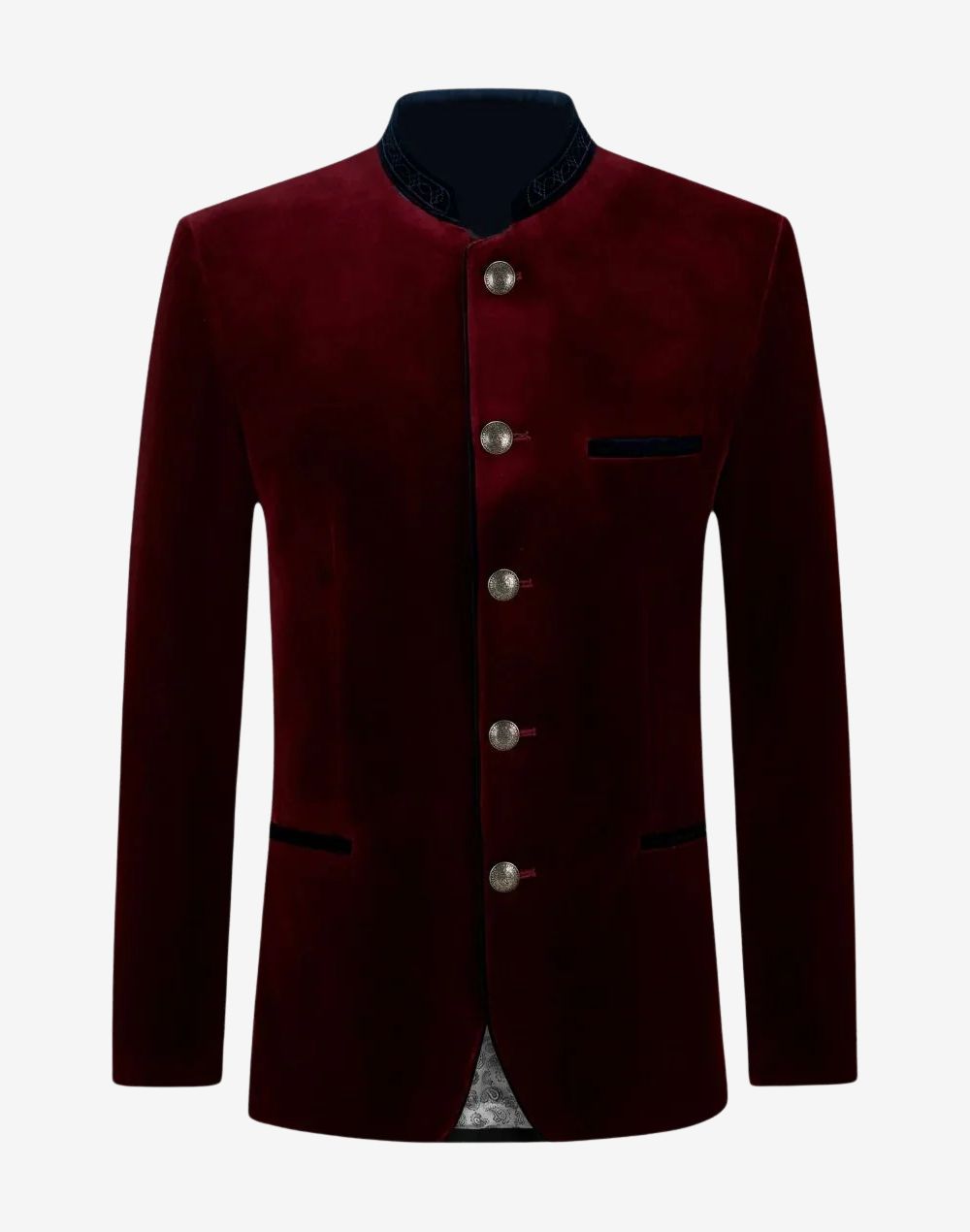 Front view of mens maroon velvet Trachten jacket featuring stand collar, silver buttons and elegant Bavarian tailoring.