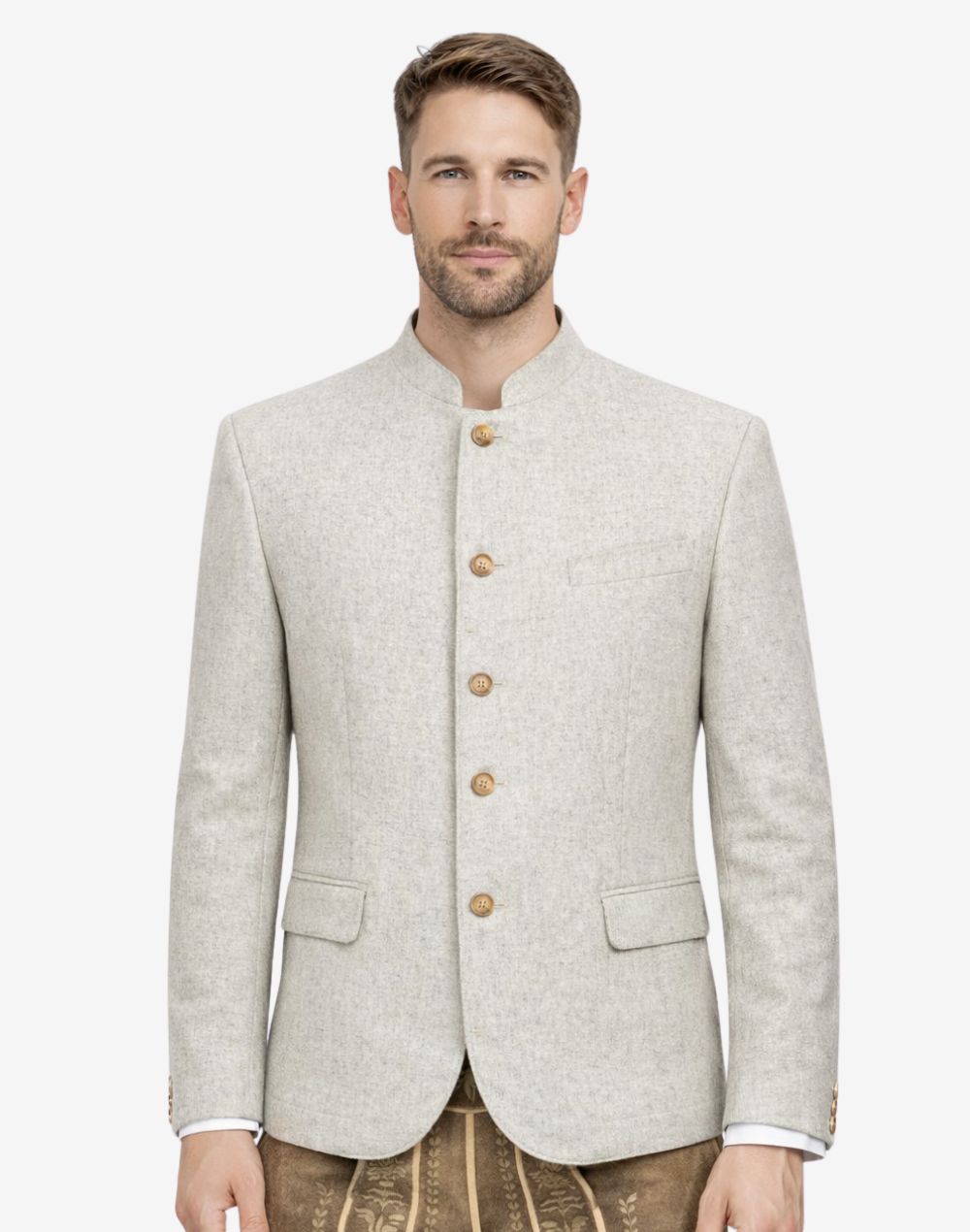 Model wearing premium off white wool Trachten jacket front view highlighting traditional buttons and elegant alpine styling.