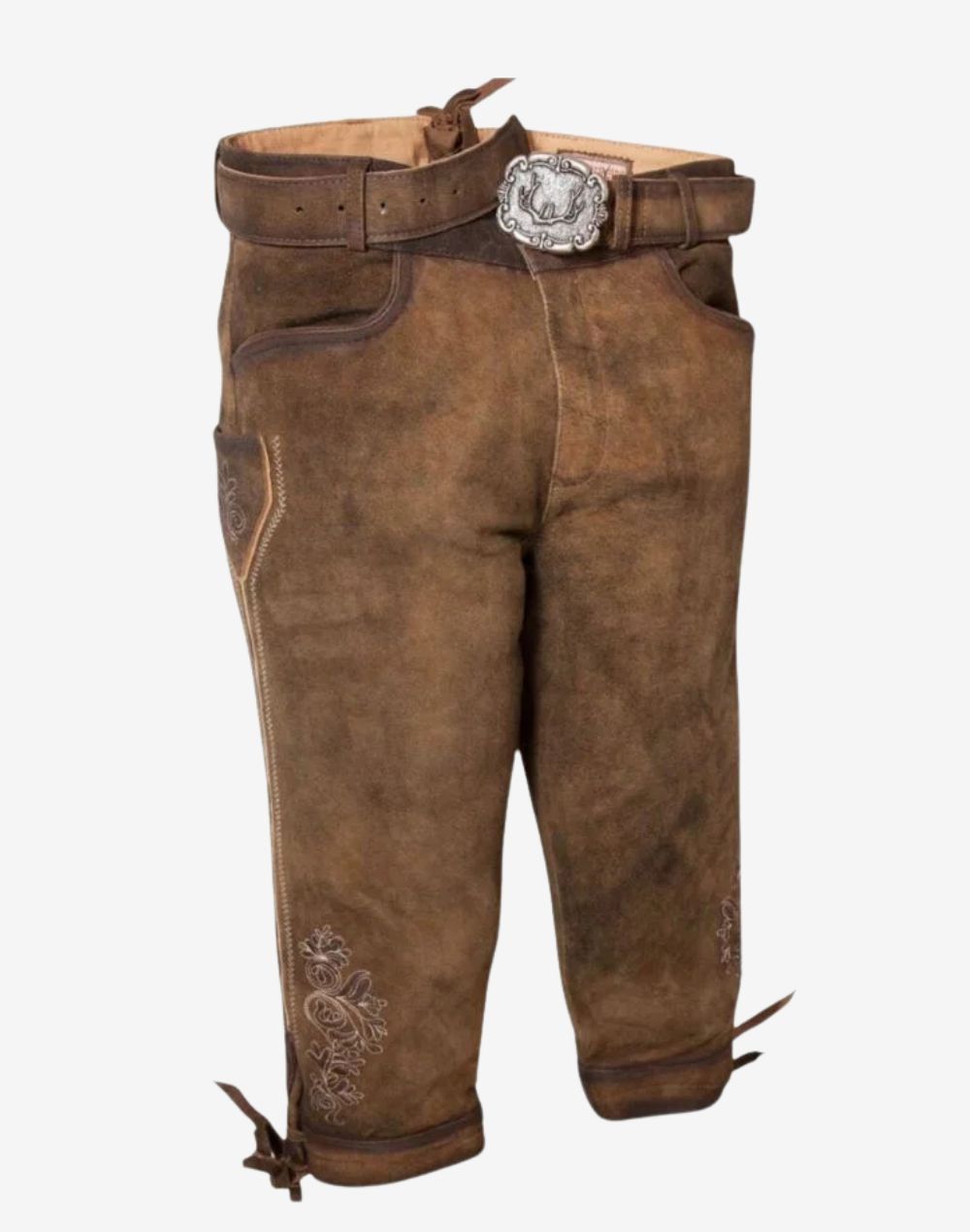 mens Oktoberfest Bavarian bundhosen in brown leather featuring traditional embroidery, belt detail and classic knee-length fit