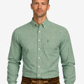 Model wearing mens Oktoberfest Bavarian shirt showing front view, green check pattern, button front and traditional fit