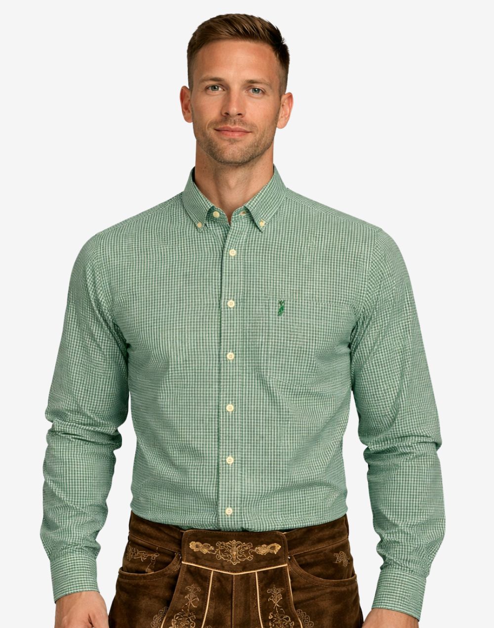 Model wearing mens Oktoberfest Bavarian shirt showing front view, green check pattern, button front and traditional fit