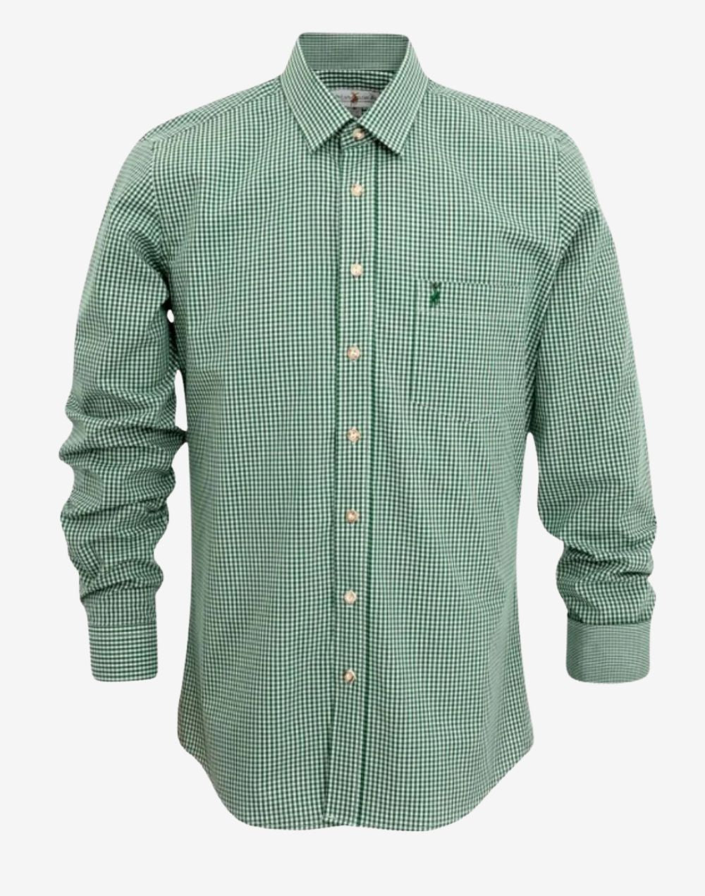 Front view of mens Oktoberfest Bavarian shirt in green check pattern featuring classic button front and traditional fit