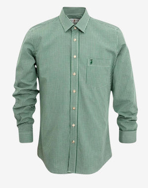 Front view of mens Oktoberfest Bavarian shirt in green check pattern featuring classic button front and traditional fit