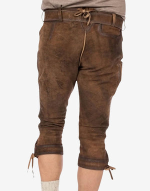 Back wearing view of leather bundhosen showing knee ties, natural leather texture and classic Oktoberfest styling.