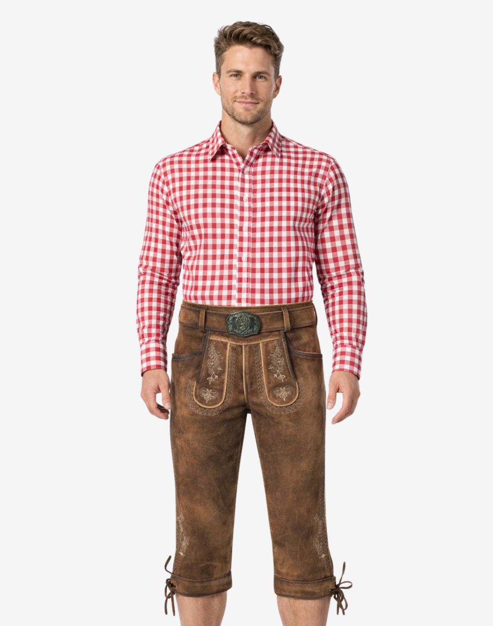 Front view of model wearing mens Oktoberfest leather Bundhosen in brown with Bavarian embroidery and traditional knee tie detailing