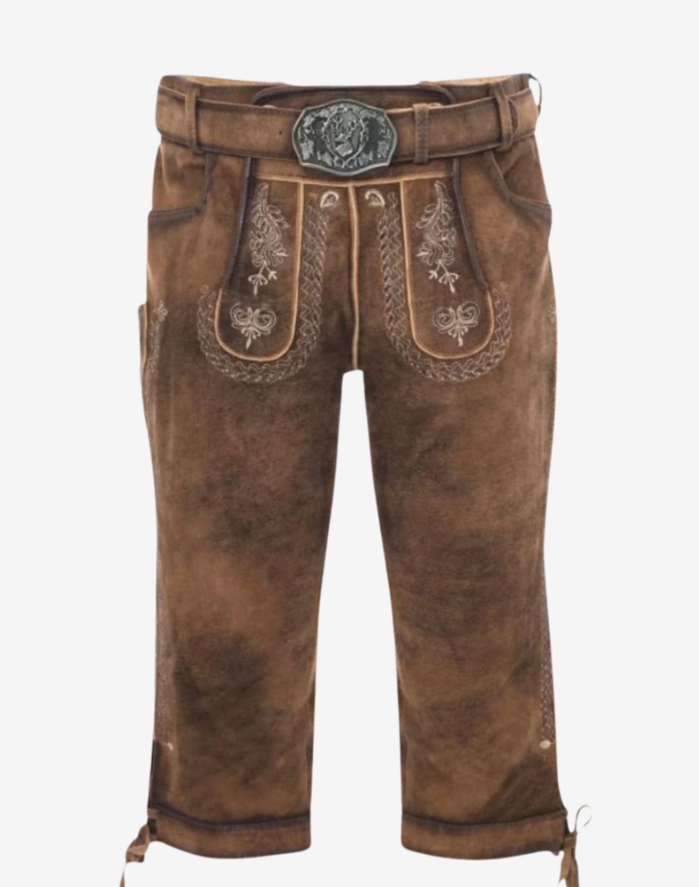 mens Oktoberfest leather bundhosen featuring embroidered flap, belt detail and traditional Bavarian design.