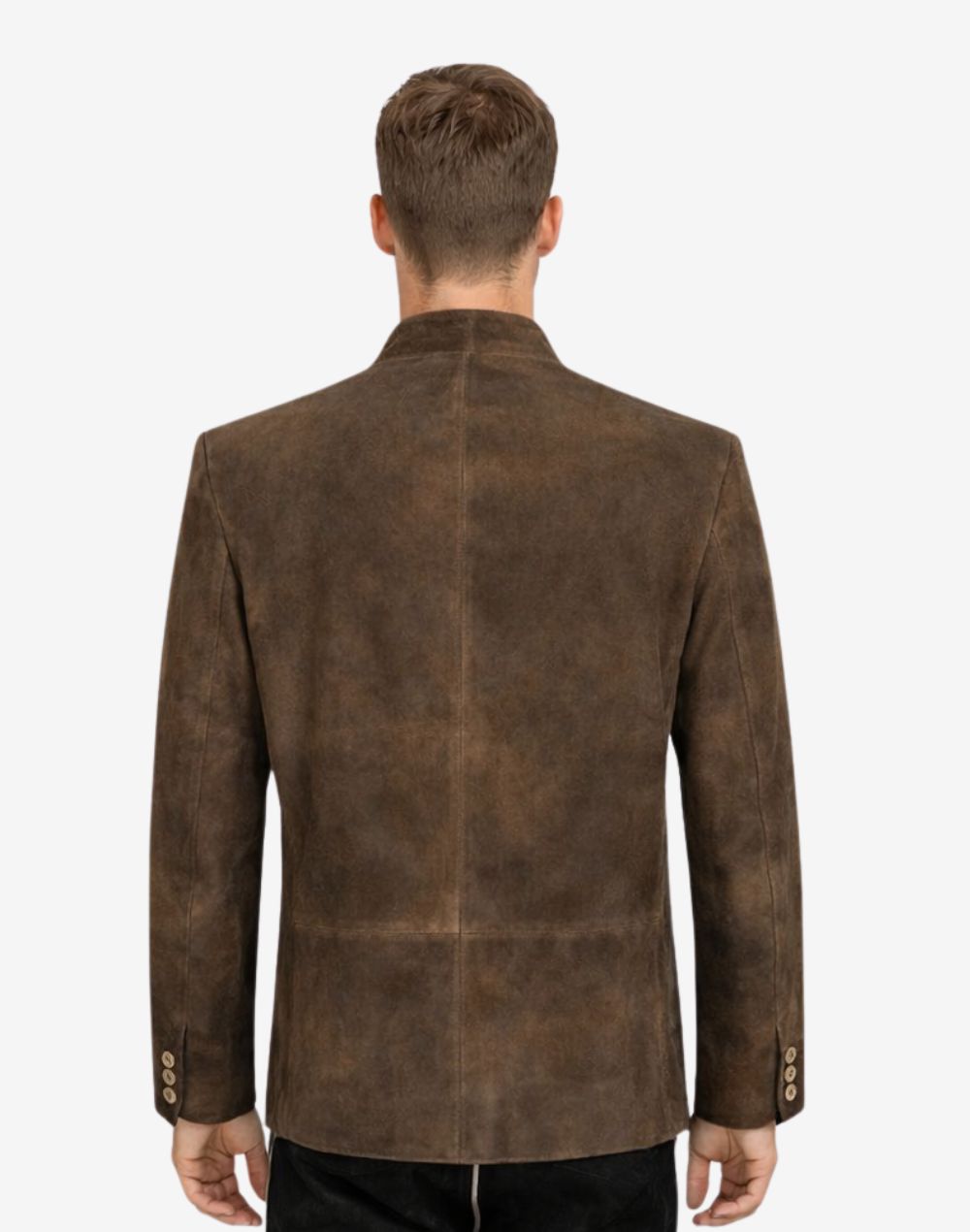 Back view of model wearing Mens Oktoberfest Leather Trachten Jacket featuring classic Bavarian tailoring and rustic leather finish
