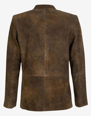 Back view of mens Oktoberfest leather trachten jacket showing natural leather finish, clean back panel and classic Bavarian tailored fit