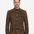 Front view of model wearing Mens Oktoberfest Leather Trachten Jacket in vintage brown with alpine collar and traditional buttons
