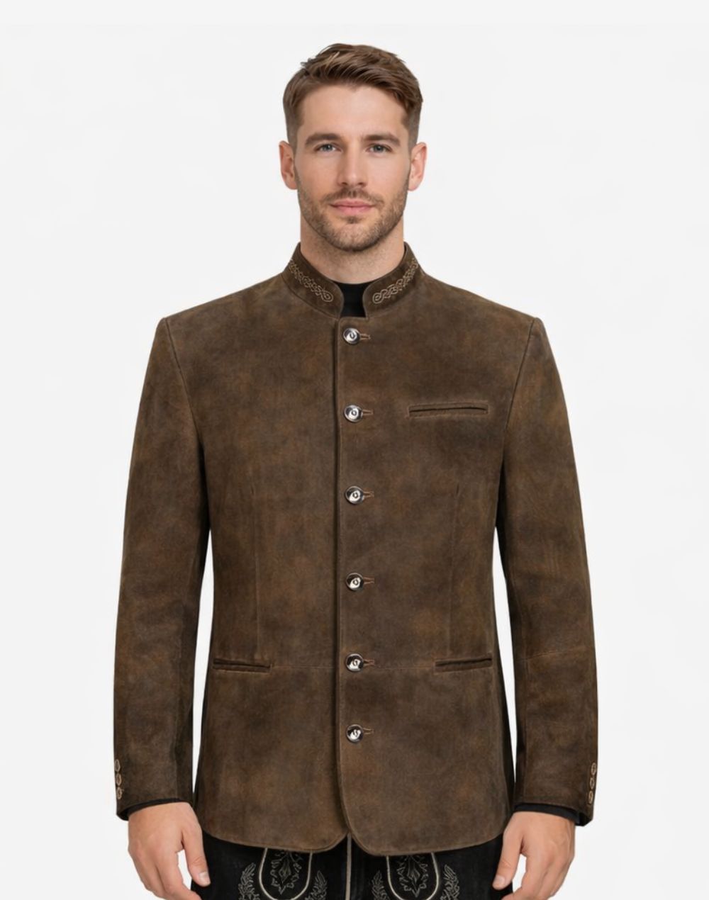 Front view of model wearing Mens Oktoberfest Leather Trachten Jacket in vintage brown with alpine collar and traditional buttons