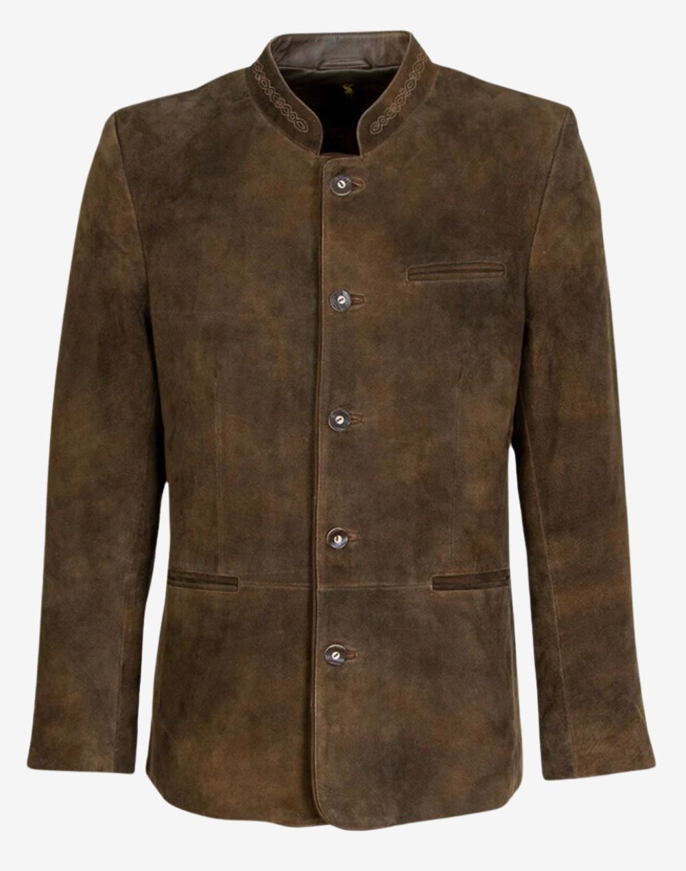 mens Oktoberfest leather trachten jacket featuring rustic brown leather texture, stand collar and traditional button front design