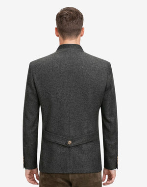 Back view of model wearing Mens Oktoberfest Trachten Jacket showing tailored alpine cut with adjustable rear strap