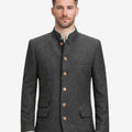 Front view of model wearing Mens Oktoberfest Trachten Jacket in dark grey with stand collar and wooden buttons
