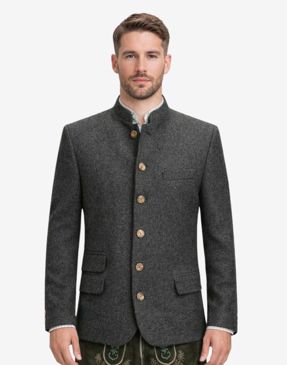 Front view of model wearing Mens Oktoberfest Trachten Jacket in dark grey with stand collar and wooden buttons