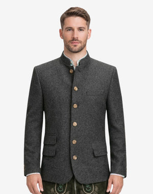 Front view of model wearing Mens Oktoberfest Trachten Jacket in dark grey with stand collar and wooden buttons