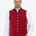 Front view of model wearing Mens Oktoberfest Trachten Vest in red suede with silver buttons and black trim detail
