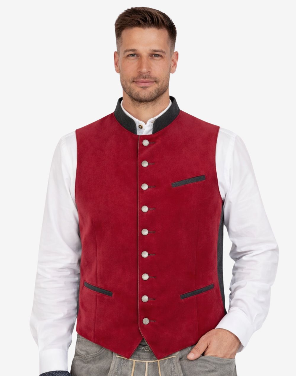Front view of model wearing Mens Oktoberfest Trachten Vest in red suede with silver buttons and black trim detail