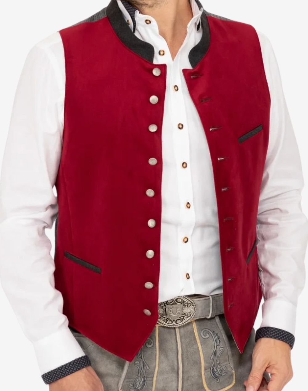 Angled side view of red mens Trachten vest highlighting fitted silhouette, classic button row and authentic Oktoberfest design