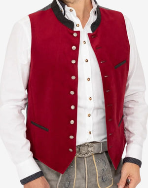 Angled side view of red mens Trachten vest highlighting fitted silhouette, classic button row and authentic Oktoberfest design