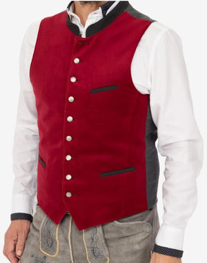 Model wearing red Oktoberfest Trachten vest featuring metal buttons, contrast piping and traditional Bavarian waistcoat styling