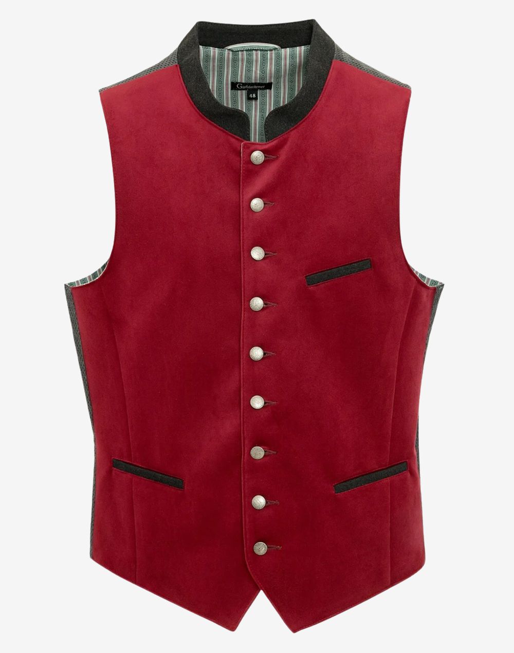 red Oktoberfest Trachten vest showing traditional button closure, chest pocket and classic Bavarian cut
